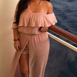 Pink over the shoulder long romper